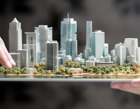 A hand man using digital tablet, and modern buildings hologram